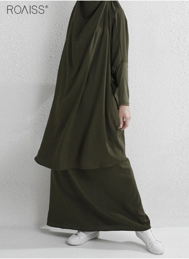 roaiss - 2-Piece Casual Loose Set Muslim Women's Long Top and Elastic Waist Skirt Wrist Splice Tight Fashion Versatile Set - Image 1