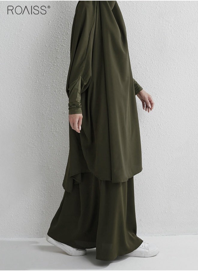 roaiss - 2-Piece Casual Loose Set Muslim Women's Long Top and Elastic Waist Skirt Wrist Splice Tight Fashion Versatile Set - Image 1
