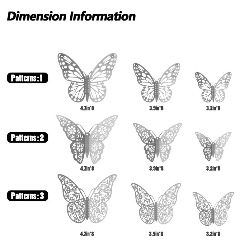 SAOROPEB 3D Butterfly Wall Stickers, 72Pcs 3 Sizes 3 Styles, Removable Metallic Wall Decals Fridge Sticker Room Mural Decoration for Kids Bedroom Nursery Classroom Party Wedding Decor DIY Gift (Sliver) - Image 5