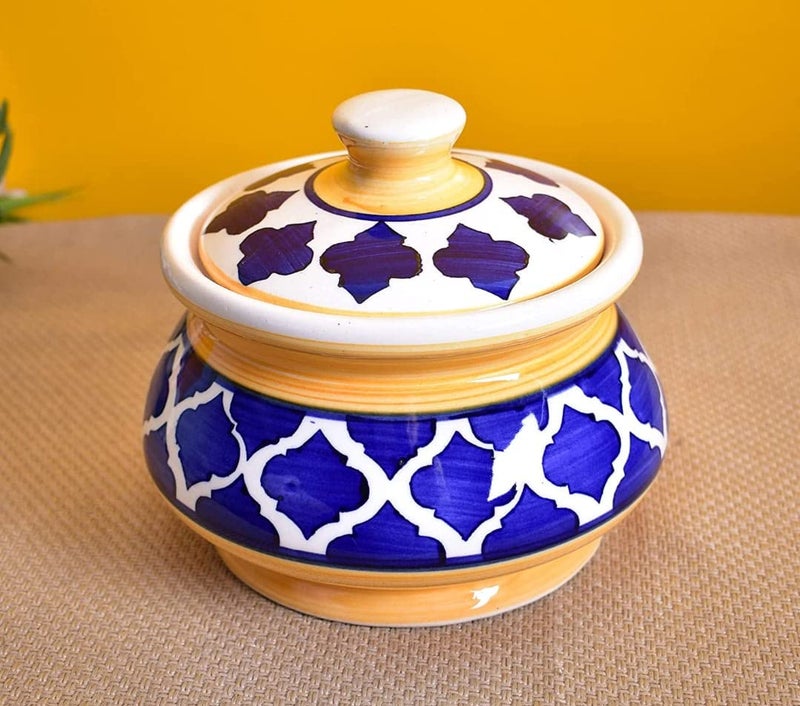 YOUR LOCAL STORE Ceramic Handi with lid, Biryani Bowl Serveware 1200 ML, Curd Setter, Sauce Pot, Server for Dal, Curry, and Dining Tableware (Blue::White) - Image 2