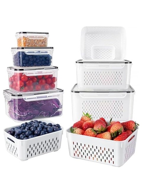 4 PCS Large Fruit Containers for Fridge - Leakproof Food Storage Containers with Removable Colander - Dishwasher & Microwave Safe Produce Containers Keep Fruits, Vegetables, Berry, Meat Fresh longer