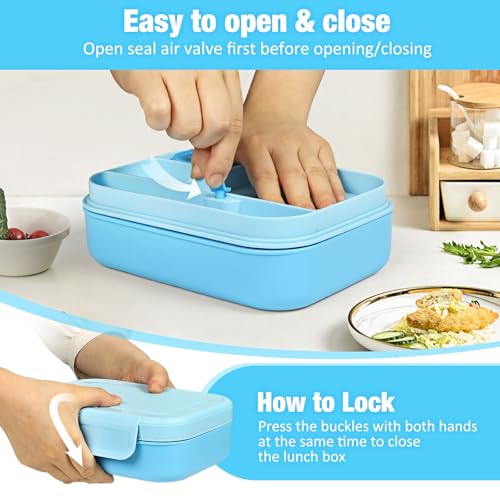 Caperci Bento Box for Kids - Stackable Leakproof Multiple Compartments 5.8 Cups Bento Lunch Box for Adults with Sauce Container - Idea for School, On-the-go, Built-in Utensil Set, BPA Free (Blue) - Image 2