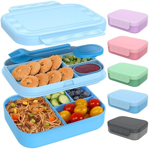 Caperci Bento Box for Kids - Stackable Leakproof Multiple Compartments 5.8 Cups Bento Lunch Box for Adults with Sauce Container - Idea for School, On-the-go, Built-in Utensil Set, BPA Free (Blue) - Image 1