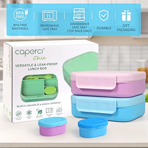 Caperci Bento Box for Kids - Stackable Leakproof Multiple Compartments 5.8 Cups Bento Lunch Box for Adults with Sauce Container - Idea for School, On-the-go, Built-in Utensil Set, BPA Free (Blue) - Image 5
