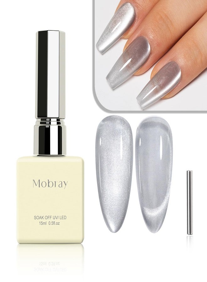 Mobray طلاء أظافر جل موباى الفضي الكريستالي بعيون القط 15 مل UV ضوء القمر طلاء أظافر بعيون القط مع مغناطيس، طلاء جل شفاف بعيون القط طويل الأمد لتصميم فن الأظافر للنساء، EY72 - Image 1