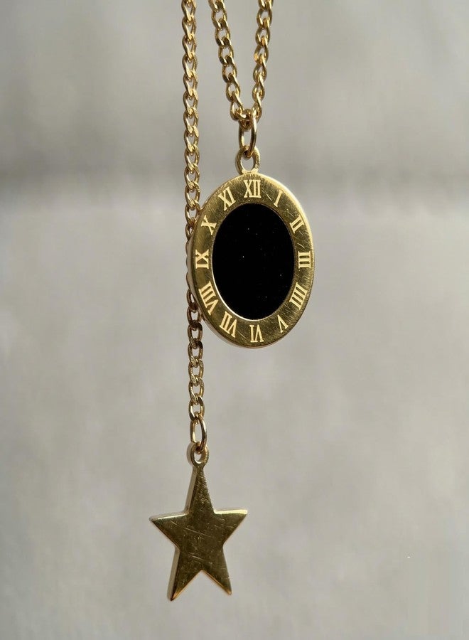 Dbell Anti Tarnish Gold Plated Necklace for Women & Girls | Stainless Steel Trendy Chain with Roman Dial Pendant & Star Charm | Waterproof Premium Fancy Jewellery | Adjustable Stylish Necklace - Image 3
