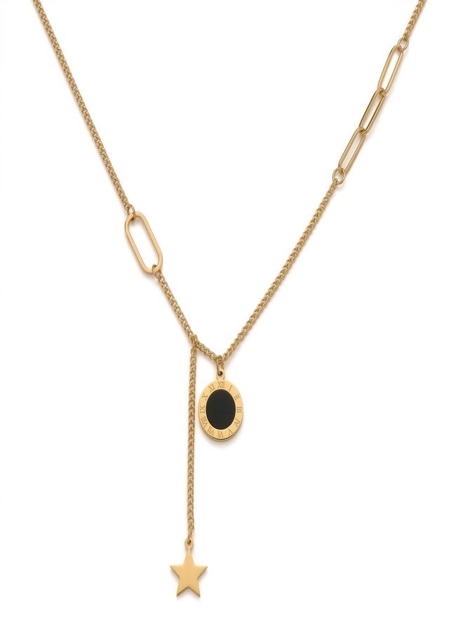 Dbell Anti Tarnish Gold Plated Necklace for Women & Girls | Stainless Steel Trendy Chain with Roman Dial Pendant & Star Charm | Waterproof Premium Fancy Jewellery | Adjustable Stylish Necklace - Image 1