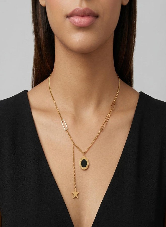 Dbell Anti Tarnish Gold Plated Necklace for Women & Girls | Stainless Steel Trendy Chain with Roman Dial Pendant & Star Charm | Waterproof Premium Fancy Jewellery | Adjustable Stylish Necklace - Image 2