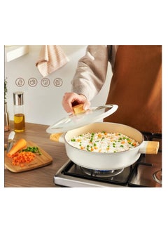 Homemaker Swiss Crystal High Quality Ceramic Coating Non-Stick Low Casserole - 26cm- Glass Lid With Protective Silicon Edge - Natural Wood Handles and Knob - Beige  - Image 3