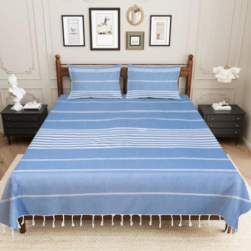 Värde Bedsheet King Size Cotton with 2 Pillow Covers | 210 TC Bedsheet | Flat Sheets | Handloom Bedsheets | Double Bedsheet for Summer | Size 90 X 100 Inches, 7.5 X 8.3 Feet (Blue, King) - Image 3