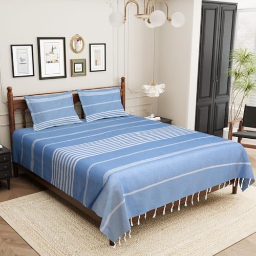Värde Bedsheet King Size Cotton with 2 Pillow Covers | 210 TC Bedsheet | Flat Sheets | Handloom Bedsheets | Double Bedsheet for Summer | Size 90 X 100 Inches, 7.5 X 8.3 Feet (Blue, King) - Image 2