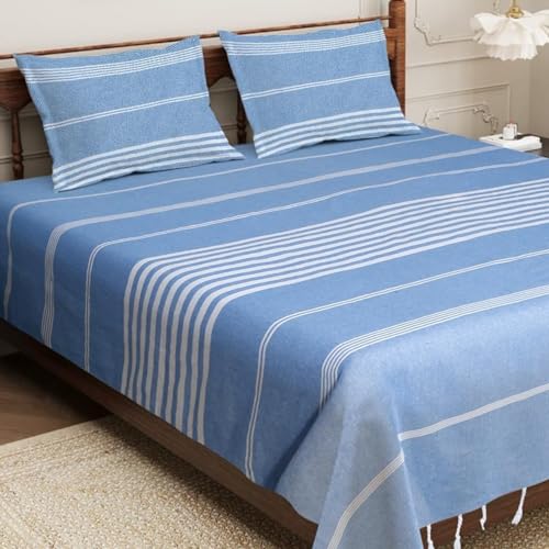 Värde Bedsheet King Size Cotton with 2 Pillow Covers | 210 TC Bedsheet | Flat Sheets | Handloom Bedsheets | Double Bedsheet for Summer | Size 90 X 100 Inches, 7.5 X 8.3 Feet (Blue, King) - Image 1