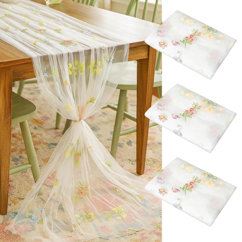 Lounsweer 3 Pcs Wildflower Table Runner 10ft/ 29 Inch x 120 Inch White Embroidery Wildflower Spring Summer Tulle Lace Runner for Table Wedding Bridal Baby Shower Holiday Dining Decor DIY - Image 1