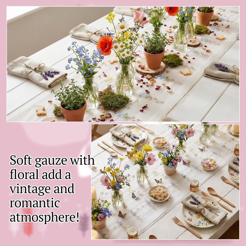 Lounsweer 3 Pcs Wildflower Table Runner 10ft/ 29 Inch x 120 Inch White Embroidery Wildflower Spring Summer Tulle Lace Runner for Table Wedding Bridal Baby Shower Holiday Dining Decor DIY - Image 4