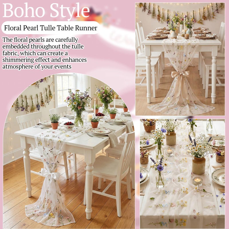 Lounsweer 3 Pcs Wildflower Table Runner 10ft/ 29 Inch x 120 Inch White Embroidery Wildflower Spring Summer Tulle Lace Runner for Table Wedding Bridal Baby Shower Holiday Dining Decor DIY - Image 5