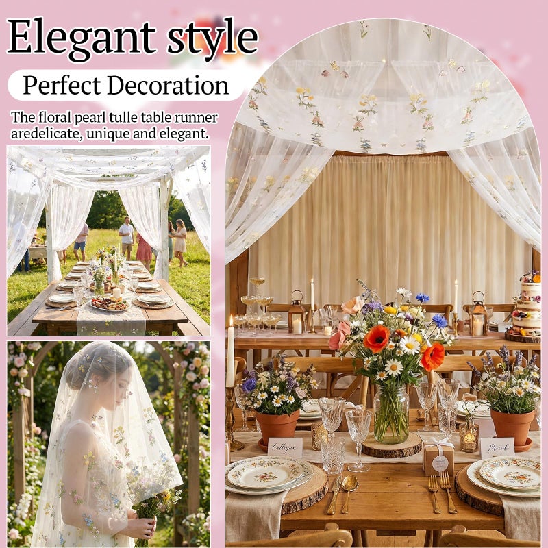 Lounsweer 3 Pcs Wildflower Table Runner 10ft/ 29 Inch x 120 Inch White Embroidery Wildflower Spring Summer Tulle Lace Runner for Table Wedding Bridal Baby Shower Holiday Dining Decor DIY - Image 3