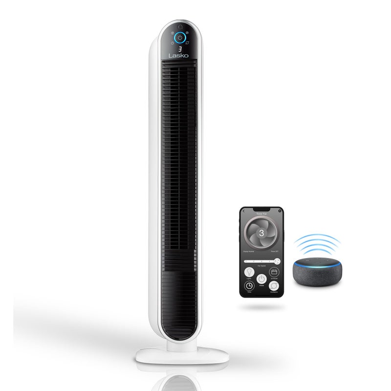 Lasko Smart Oscillating Tower Fan Powered by Aria WiFi Connected Voice Controlled Compatible with Alexa and Google Assistant Timer 5Speeds 40 White T40735 Large