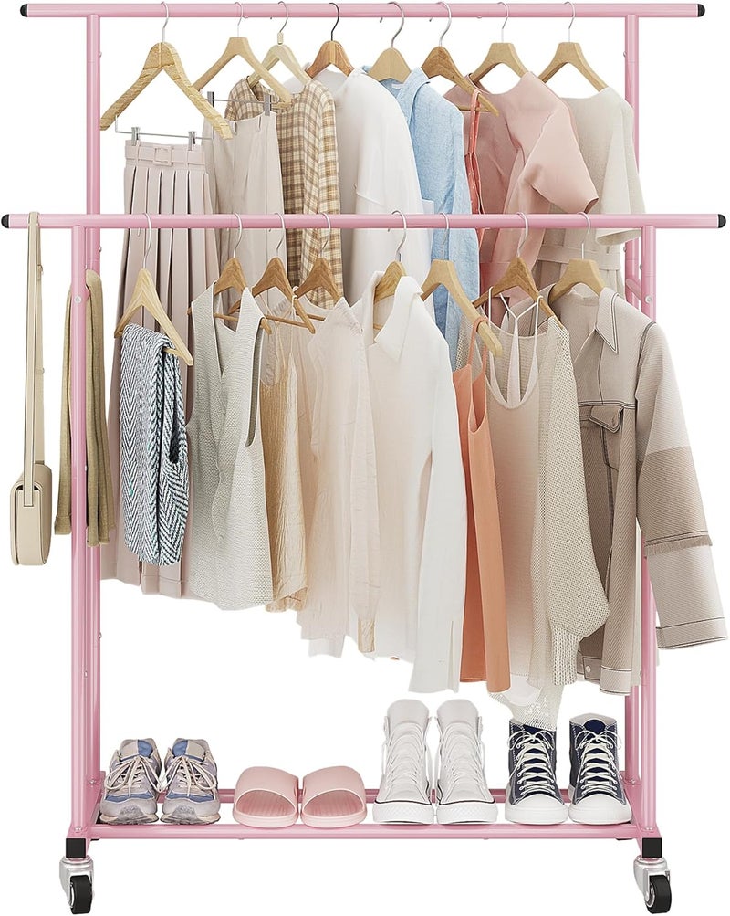Calmootey Double Rail Clothes Rack, Rolling Clothes Rack, Portable Clothes Organizer for Bedroom, Living Room, Clothing Store, Pink - Image 2