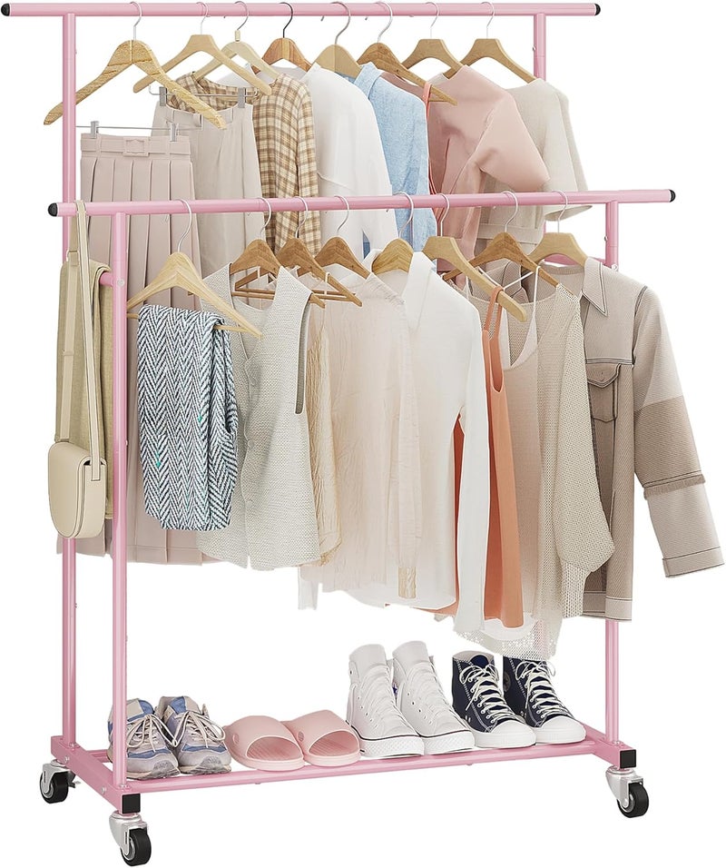 Calmootey Double Rail Clothes Rack, Rolling Clothes Rack, Portable Clothes Organizer for Bedroom, Living Room, Clothing Store, Pink - Image 1