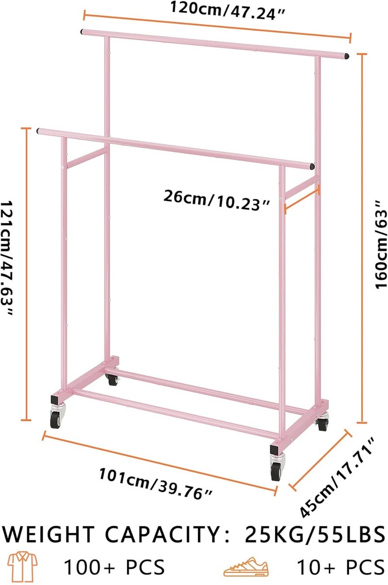 Calmootey Double Rail Clothes Rack, Rolling Clothes Rack, Portable Clothes Organizer for Bedroom, Living Room, Clothing Store, Pink - Image 3