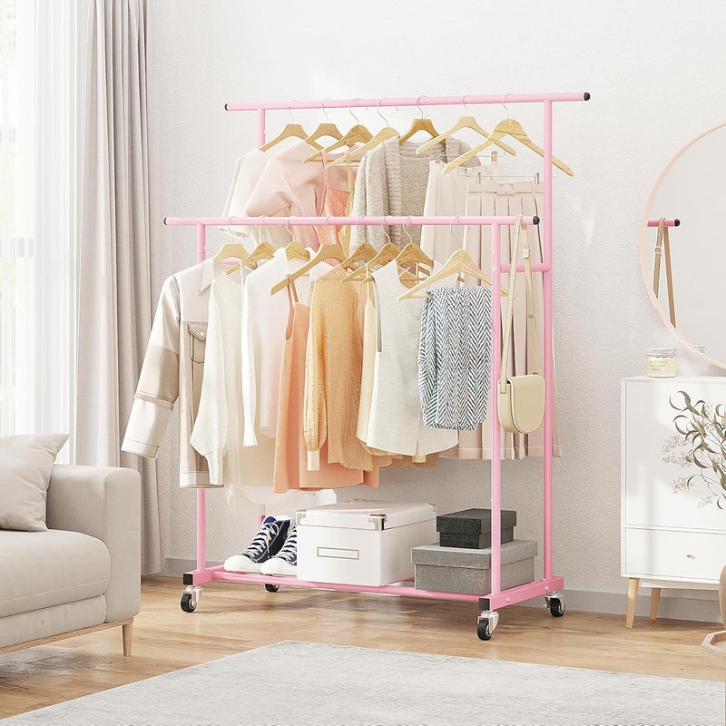 Calmootey Double Rail Clothes Rack, Rolling Clothes Rack, Portable Clothes Organizer for Bedroom, Living Room, Clothing Store, Pink - Image 5