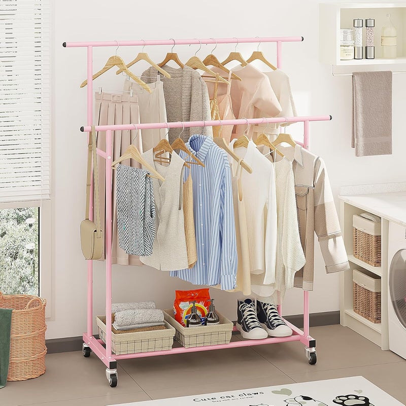 Calmootey Double Rail Clothes Rack, Rolling Clothes Rack, Portable Clothes Organizer for Bedroom, Living Room, Clothing Store, Pink - Image 4