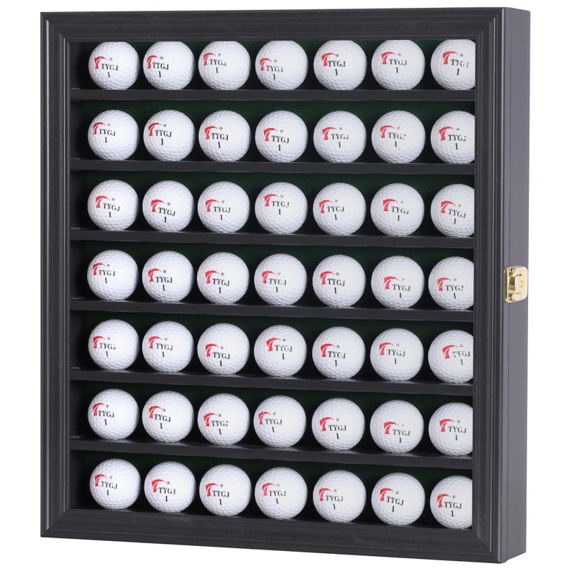 DisplayGifts 49 Golf Ball Display Cabinet Stand Storage Wall Mounted 7 Shelves Display Case Shadow Box with Lockable Door Great Gift 49 Ball Holder Black Finish