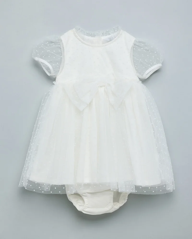 أر أند بي Woven Fit & Flare Dress With Crew Neck And Puff Sleeves