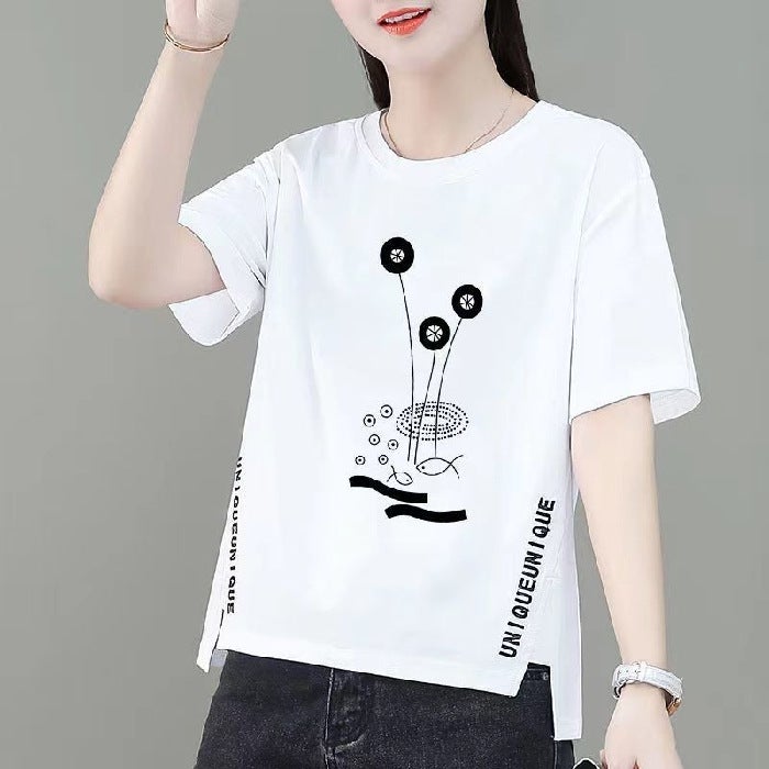 Factory wholesale special spike summer New irregular printing short sleeve t-shirt womens front short back long T-shirt top White [Lotus]]  - Image 1