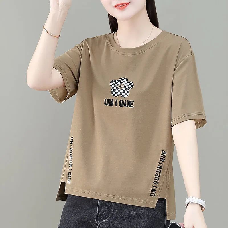 Factory wholesale special spike summer New irregular printing short sleeve t-shirt womens front short back long T-shirt top White [Lotus]]  - Image 5