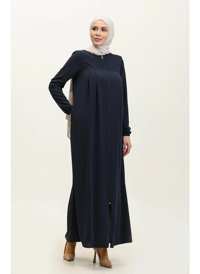 Sefa Merve Pleated Zippered Abaya 5004-03 Navy Blue