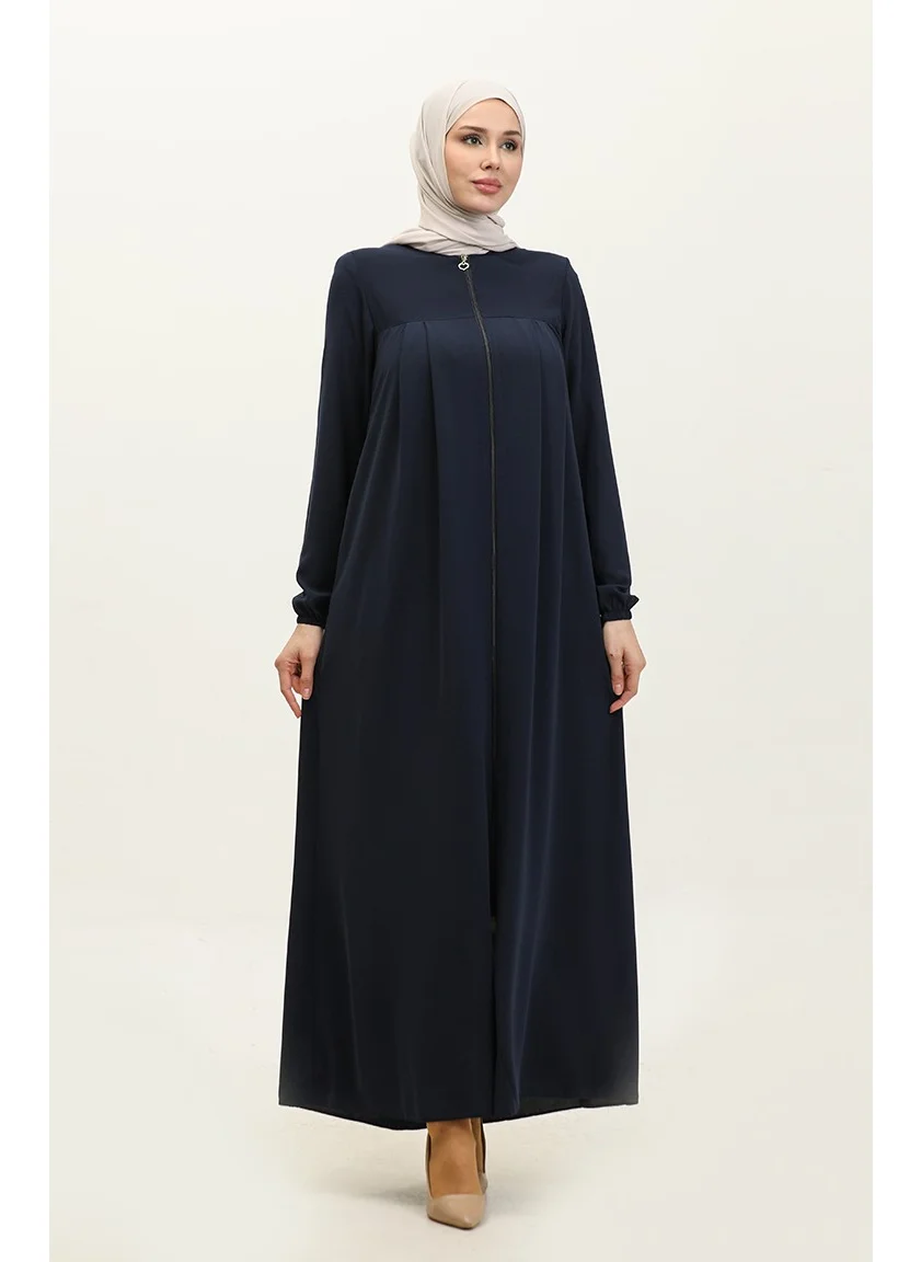 Sefa Merve Pleated Zippered Abaya 5004-03 Navy Blue