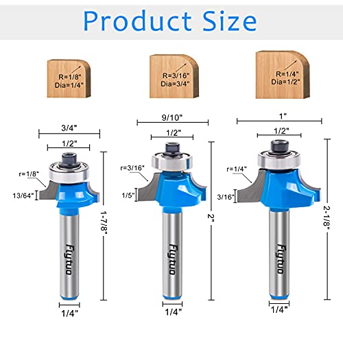 Flytuo 3Pcs Roundover Edging Router Bit Set 1/4" Shank, Corner Rounding Edge-Forming Router Bit Set, Woodworking Milling Cutter (Diameter: 1/4", 3/8", 1/2", Radius: 1/8'', 3/16'', 1/4'') - Image 2