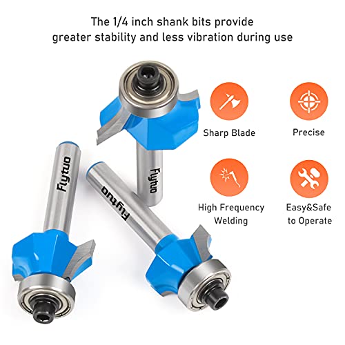 Flytuo 3Pcs Roundover Edging Router Bit Set 1/4" Shank, Corner Rounding Edge-Forming Router Bit Set, Woodworking Milling Cutter (Diameter: 1/4", 3/8", 1/2", Radius: 1/8'', 3/16'', 1/4'') - Image 3