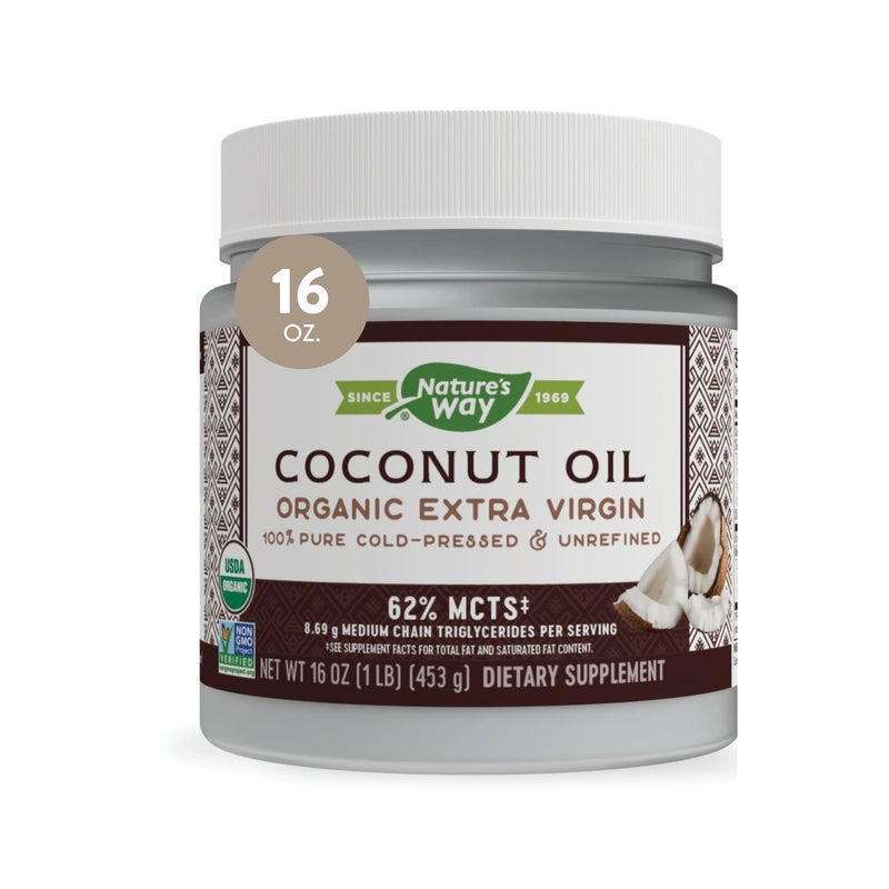 Nature's Way Organic Extra Virgin Coconut Oil, Pure and Unrefined, 62% MCTs, 16 Oz - Image 1