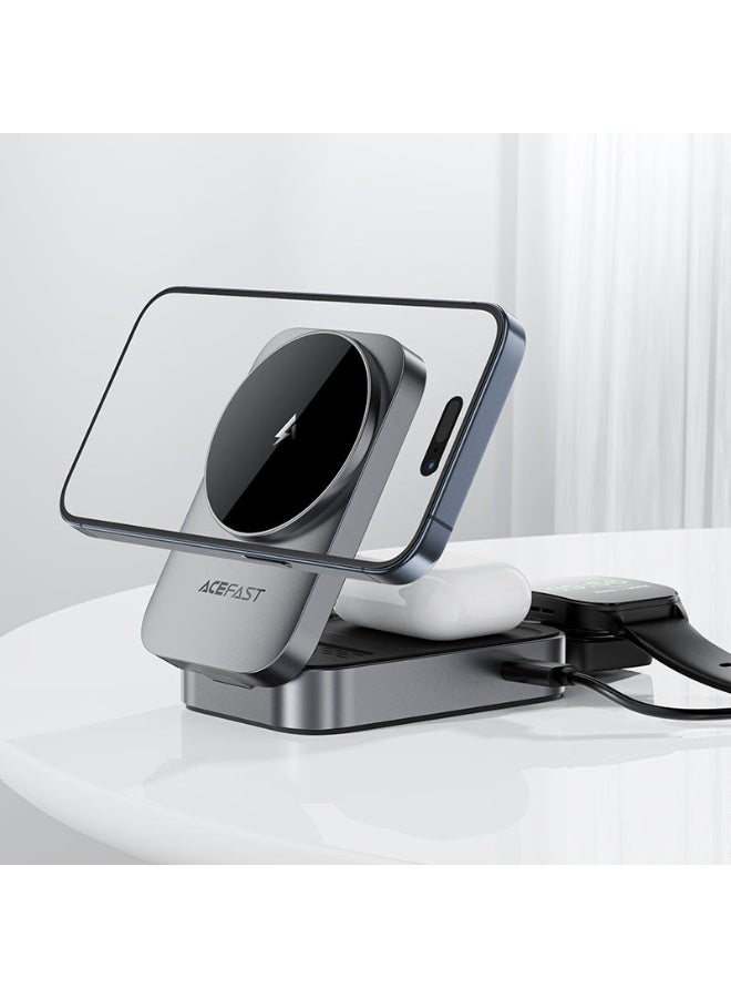 ACEFAST Magnetic Fast Wireless Charger 3 in 1 Holder E22, Desktop Stand, Supports MAG-Charge, Foldable,  For Phone, TWS Headset, Smart Watch - GREY - Image 3