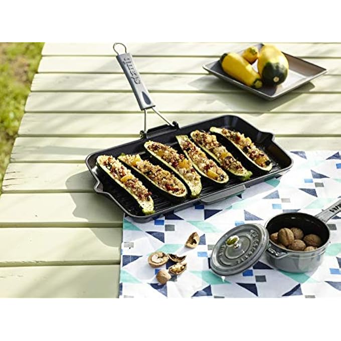 STAUB Rectangular Grill Pan 34X21 Cms Silicon Handle Cast Iron Material Black Matt Enamel Interior High Grilling Stripes For All Hob Types Incl Induction Ovensafe Made In France - Image 2