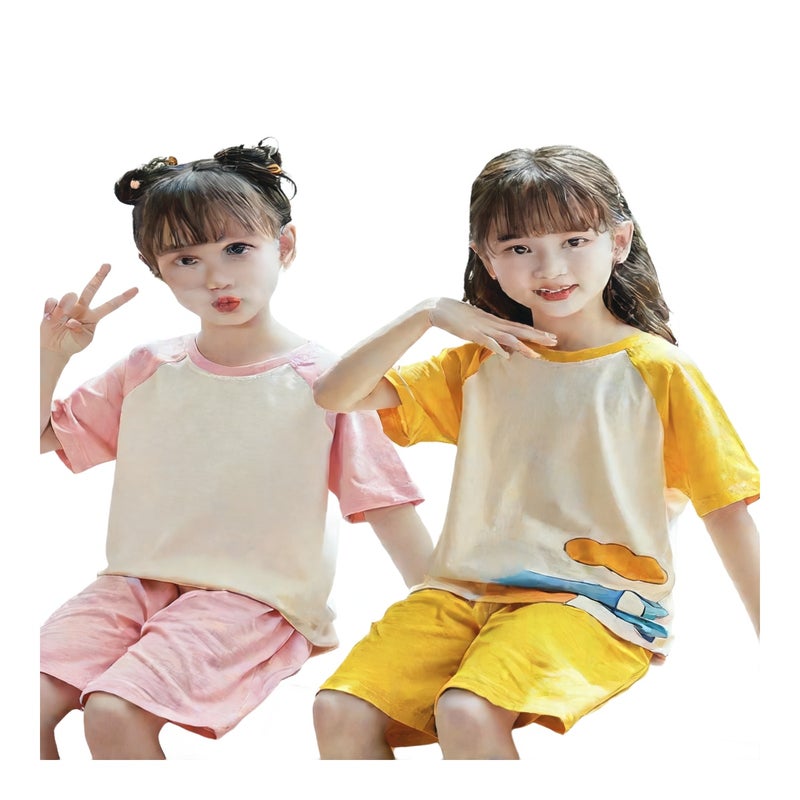 Girls Cartoon Print Short Sleeve Pajama Set Summer Two-Piece Sleepwear - Image 1