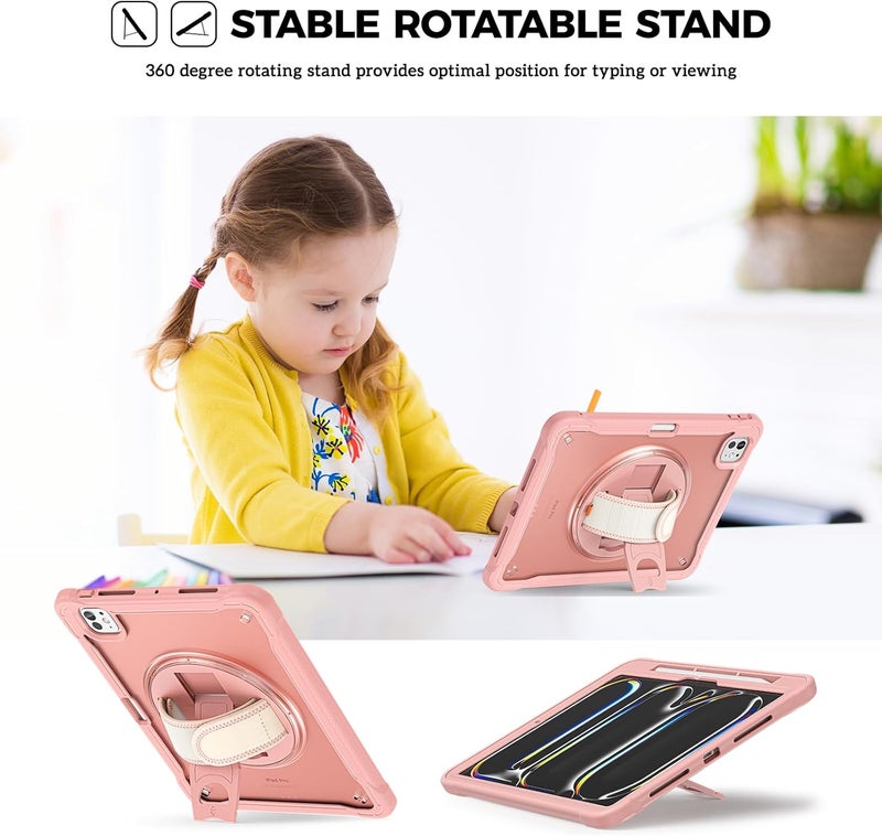 برو كيسيز جراب متين لجهاز iPad Pro 11" 2024 M4، جراب لجهاز iPad Pro 11" الجيل الخامس، غطاء متين مقاوم للصدمات مع حزام يد ومسند قابل للدوران 360 درجة واقٍ لجهاز iPad Pro 11" - وردي - Image 5