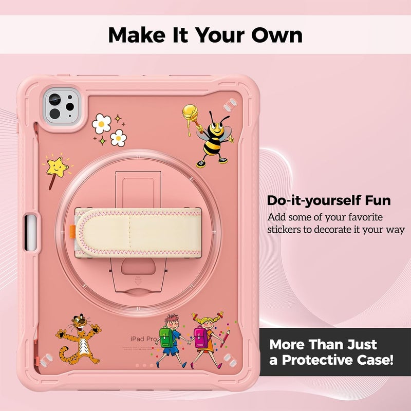 برو كيسيز جراب متين لجهاز iPad Pro 11" 2024 M4، جراب لجهاز iPad Pro 11" الجيل الخامس، غطاء متين مقاوم للصدمات مع حزام يد ومسند قابل للدوران 360 درجة واقٍ لجهاز iPad Pro 11" - وردي - Image 2