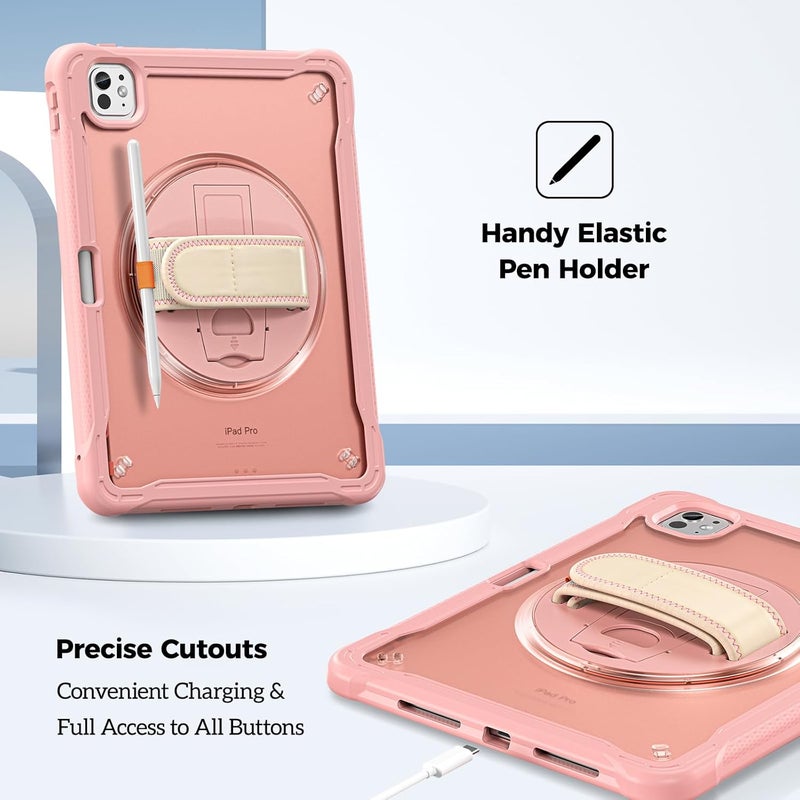 برو كيسيز جراب متين لجهاز iPad Pro 11" 2024 M4، جراب لجهاز iPad Pro 11" الجيل الخامس، غطاء متين مقاوم للصدمات مع حزام يد ومسند قابل للدوران 360 درجة واقٍ لجهاز iPad Pro 11" - وردي - Image 3