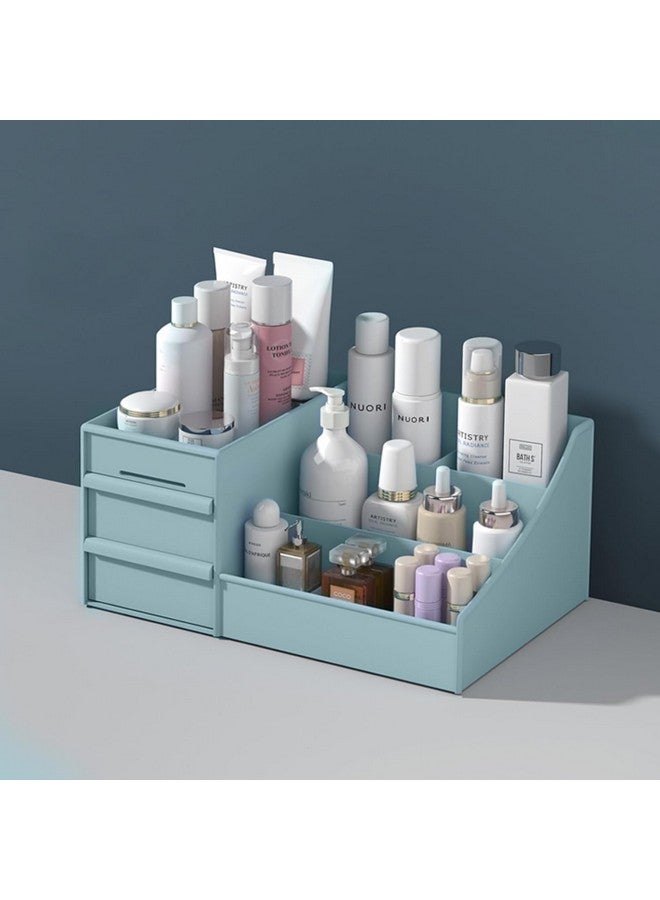 MOSHTU Multi Grid Plastic Desktop Storage Organizer Cosmetic Organizer with 2 Drawer Sundries Cosmetics Box Modern Countertop Storage for Dressing Table (10.6 x 6.3 x 4.5 inches) (Blue) - Image 1