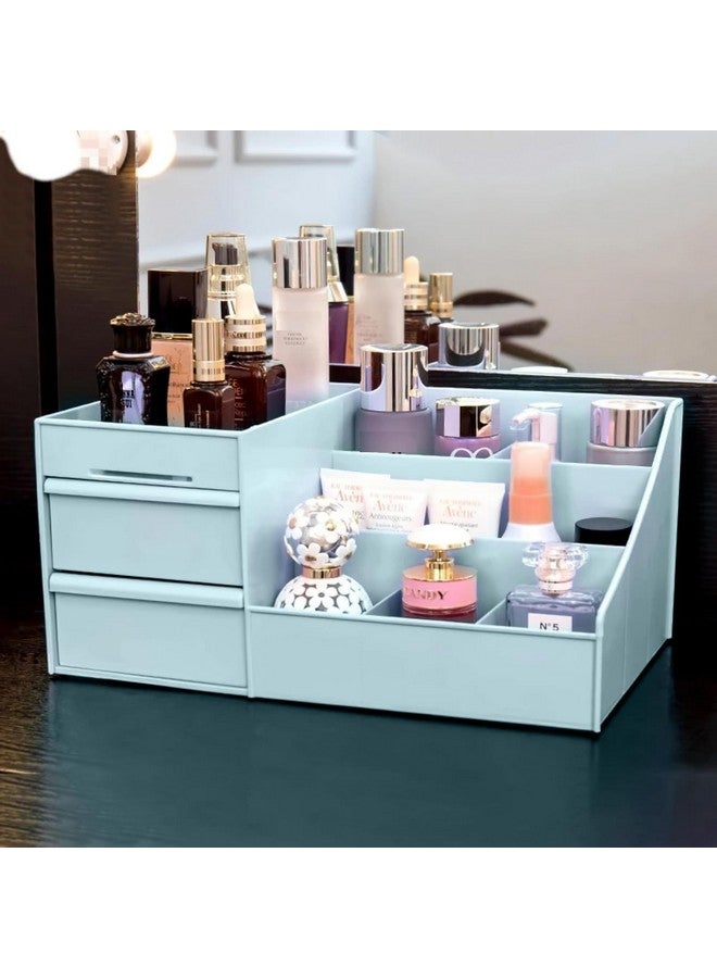 MOSHTU Multi Grid Plastic Desktop Storage Organizer Cosmetic Organizer with 2 Drawer Sundries Cosmetics Box Modern Countertop Storage for Dressing Table (10.6 x 6.3 x 4.5 inches) (Blue) - Image 4