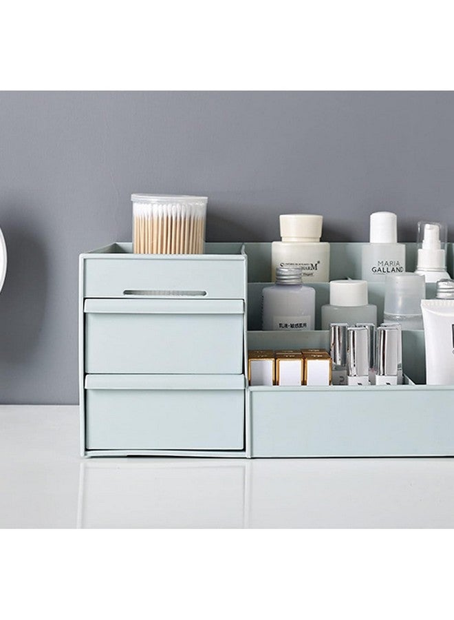 MOSHTU Multi Grid Plastic Desktop Storage Organizer Cosmetic Organizer with 2 Drawer Sundries Cosmetics Box Modern Countertop Storage for Dressing Table (10.6 x 6.3 x 4.5 inches) (Blue) - Image 5