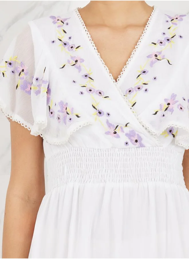 Styli Embroidered Cape Sleeves Aline Midi Dress