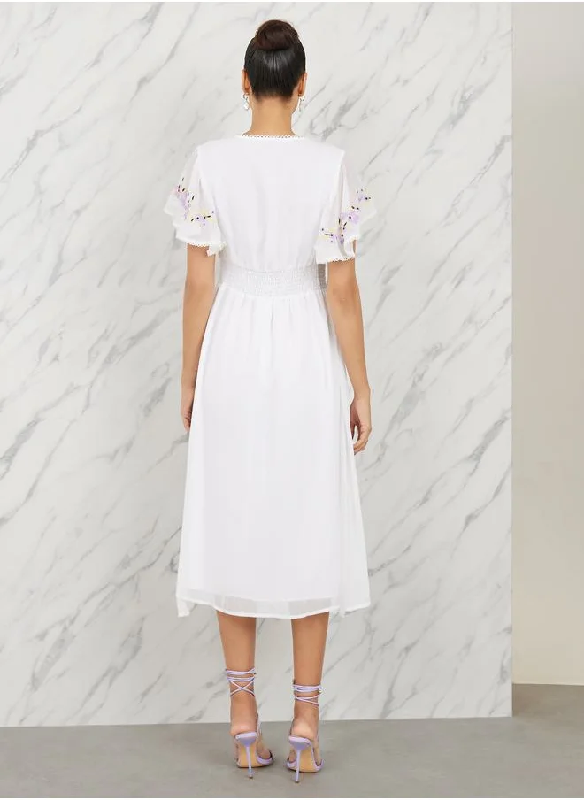 Styli Embroidered Cape Sleeves Aline Midi Dress