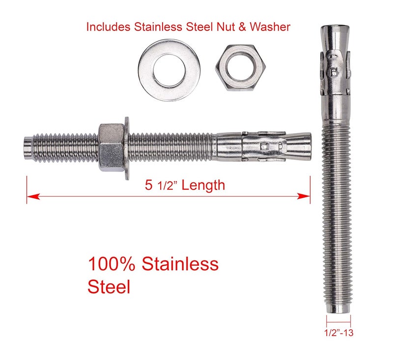 Bolt Dropper 1/2" X 5-1/2" Wedge Anchor (5pc), 18-8 Stainless Steel Corrosion Resistant Commercial Grade Washers and Nuts Included Choose Size - Image 2