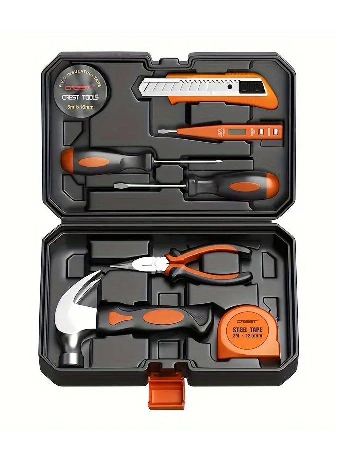 Crest 9 Piece Basic Home Tool Set Household Tool Set General Repair Small Hand Tool Kit in Toolbox Storage Case for Home Garage Office College Dormitory Use  - Image 1