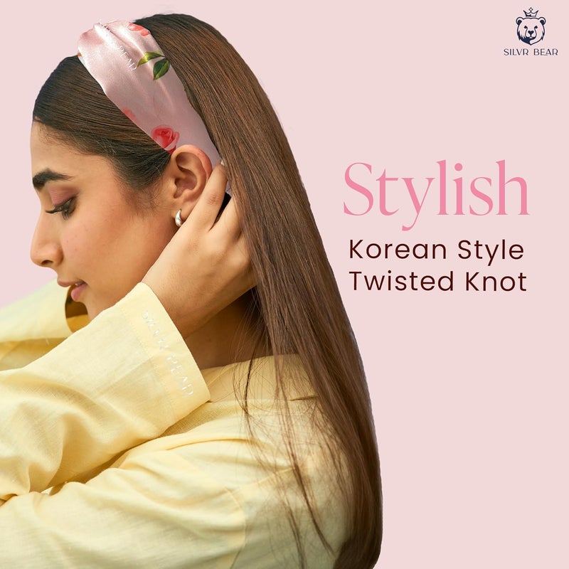 Silvr Bear Luxury Satin Hairband | Pack of 2 | Aesthetic Turban Hairband Korean Style Twisted Cross Knot Head Band for Women | Fabric Elastic hair band for women (Floral Roses For Women & Teens) - Image 5