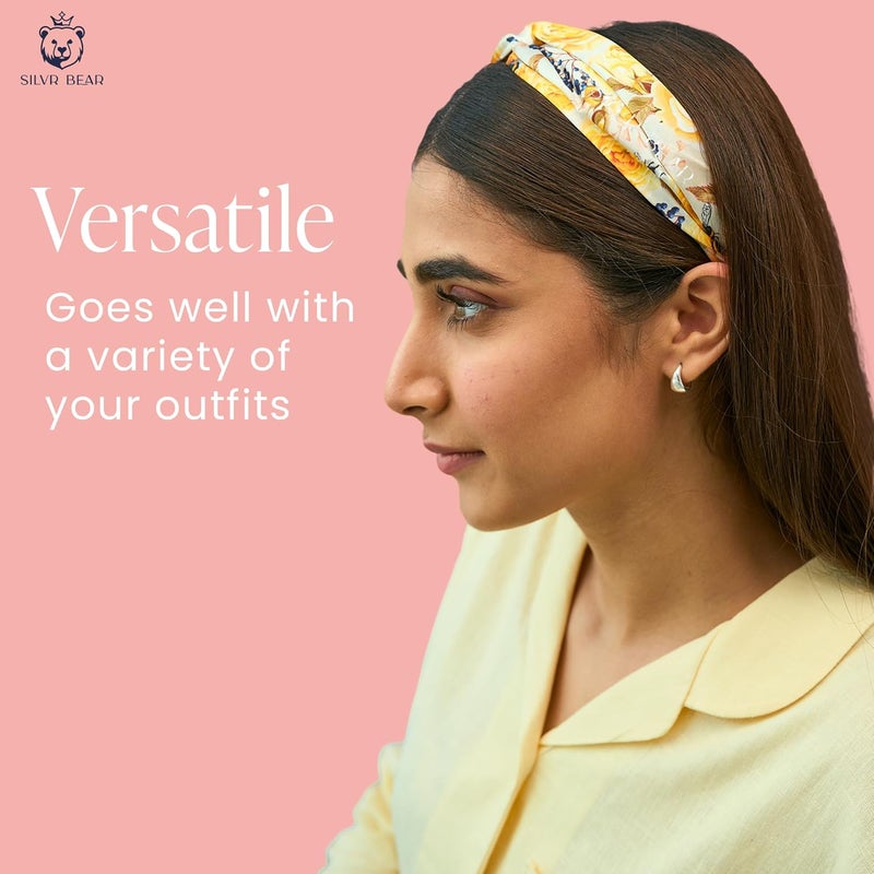 Silvr Bear Luxury Satin Hairband | Pack of 2 | Aesthetic Turban Hairband Korean Style Twisted Cross Knot Head Band for Women | Fabric Elastic hair band for women (Floral Roses For Women & Teens) - Image 4